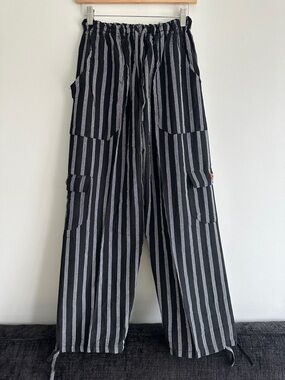 Peru/Ecuador Handmade Cotton Boho Black Gray Striped Unisex Joggers Pants Large
